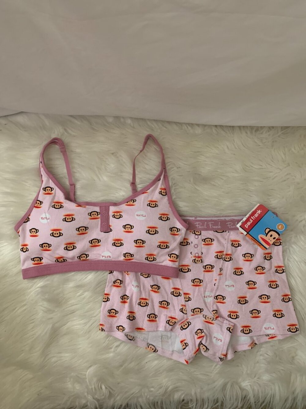 PAUL FRANK Julius the Monkey Ribbed Bralette & Brief Set in Pink Sz LARGE